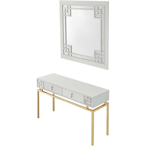Set of Two 47" White and Gold Solid Wood Mirrored Console Table And Drawers - Image 3