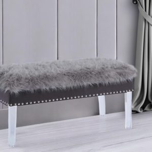 42" Gray and Clear Faux Fur Upholstered Storage Bench with Flip Top