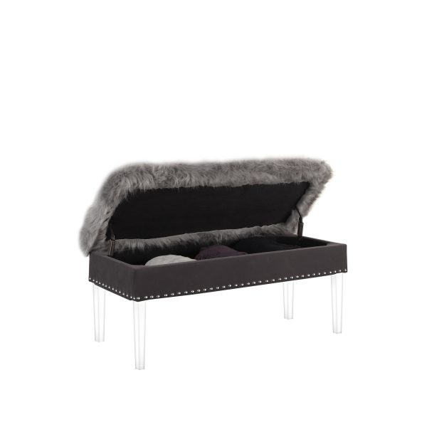 42" Gray and Clear Faux Fur Upholstered Storage Bench with Flip Top - Image 3
