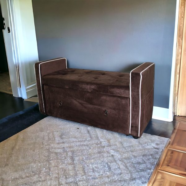 Brown Suede Shoe Storage Bench with Drawer - Image 2