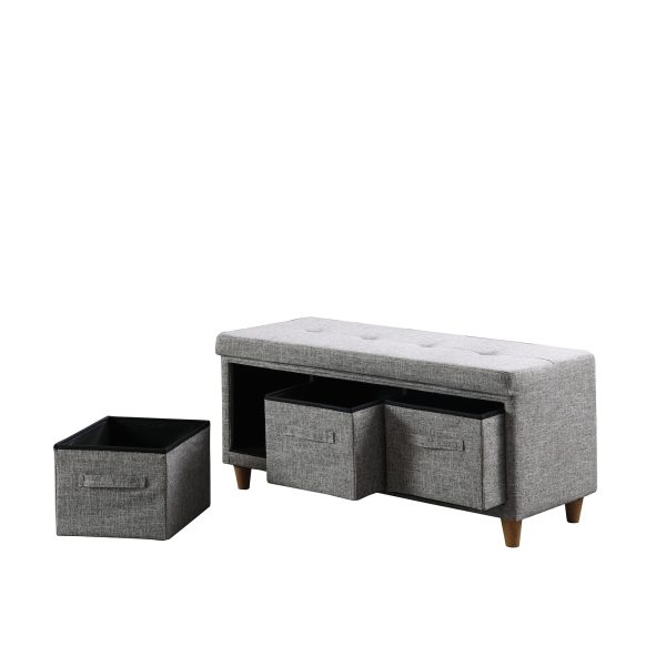 40" Gray and Brown Tufted Fabric Upholstered Storage Bench with Drawers - Image 4