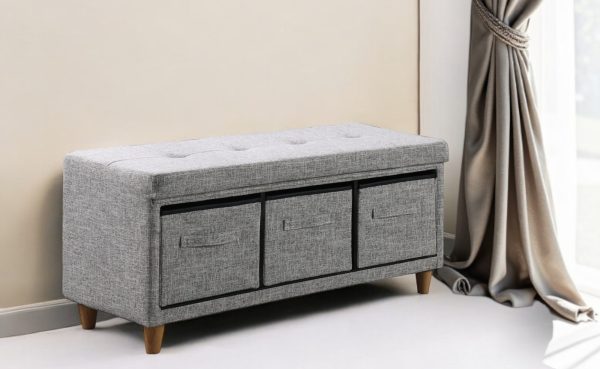 40" Gray and Brown Tufted Fabric Upholstered Storage Bench with Drawers - Image 2