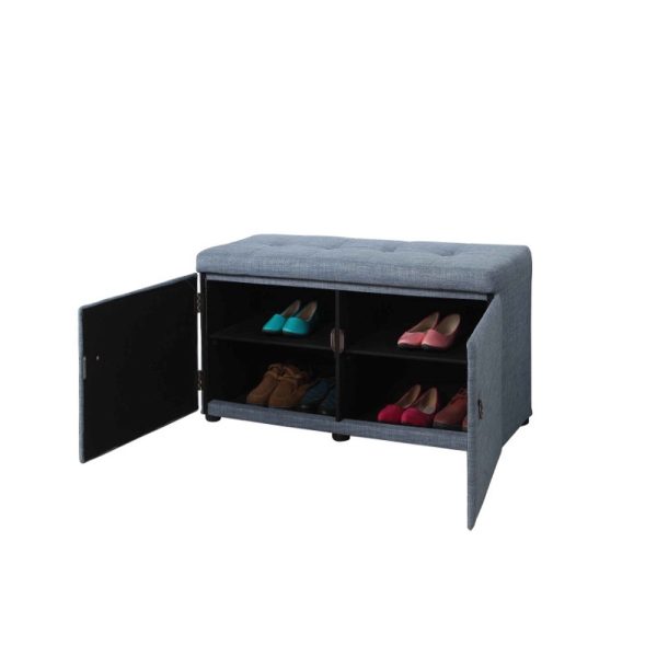 Blue Gray Linen Look Double Door Shoe Storage Bench - Image 3