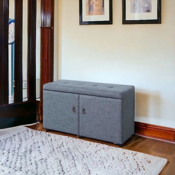 Blue Gray Linen Look Double Door Shoe Storage Bench - Image 2