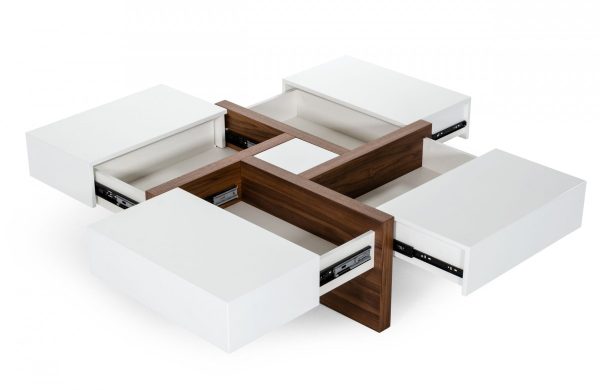 Modern White and Walnut Square Coffee Table with Storage - Image 4