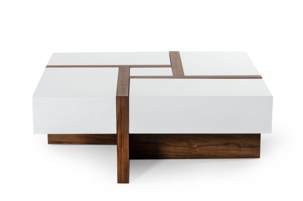 Modern White and Walnut Square Coffee Table with Storage