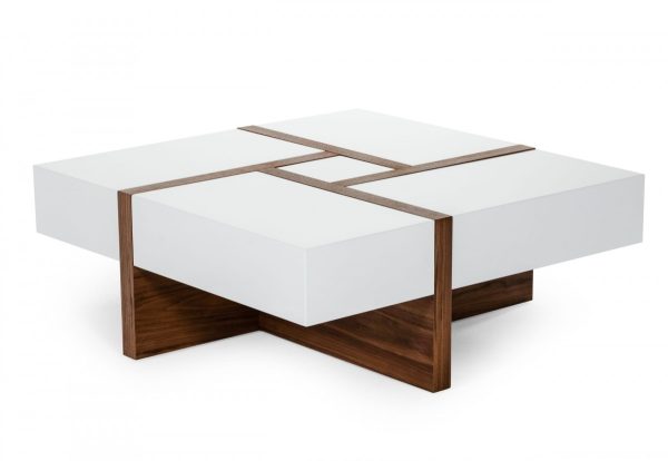 Modern White and Walnut Square Coffee Table with Storage - Image 3