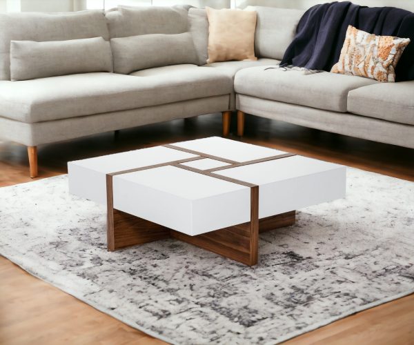 Modern White and Walnut Square Coffee Table with Storage - Image 2