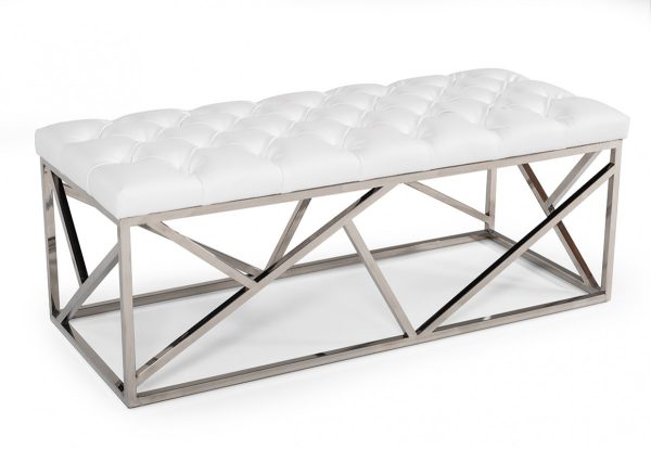 48" White and Silver Tufted Faux Leather Upholstered Bench - Image 3