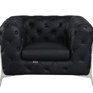 45" Black And Silver Italian Leather Tufted Chesterfield Chair