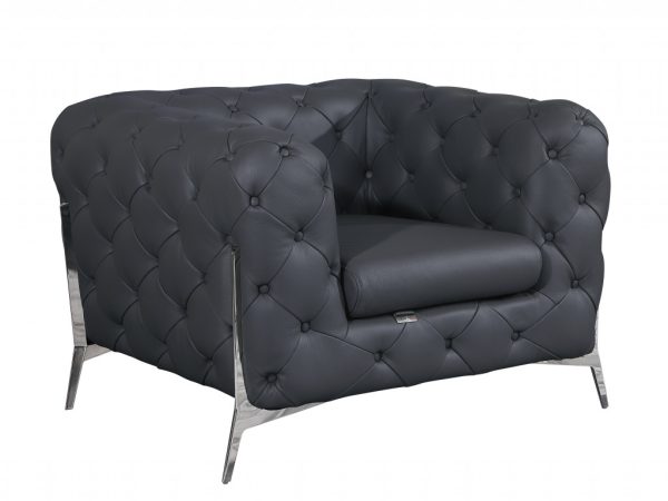 Glam Gray and Chrome Tufted Leather Armchair - Image 3