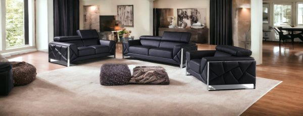 Three Piece Indoor Black Italian Leather Six Person Seating Set - Image 2