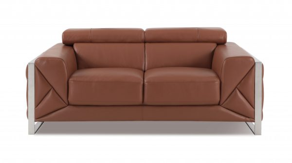Three Piece Indoor Camel Italian Leather Six Person Seating Set - Image 4