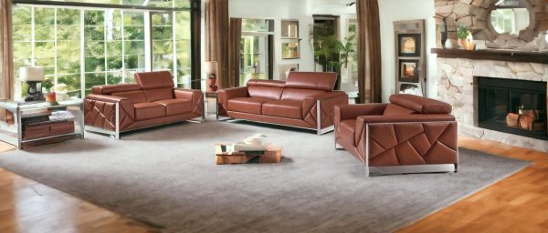 Three Piece Indoor Camel Italian Leather Six Person Seating Set - Image 2