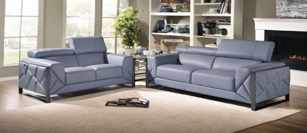 Two Piece Indoor Light Blue Italian Leather Five Person Seating Set - Image 2