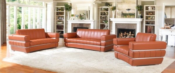 Three Piece Indoor Camel Italian Leather Six Person Seating Set - Image 2