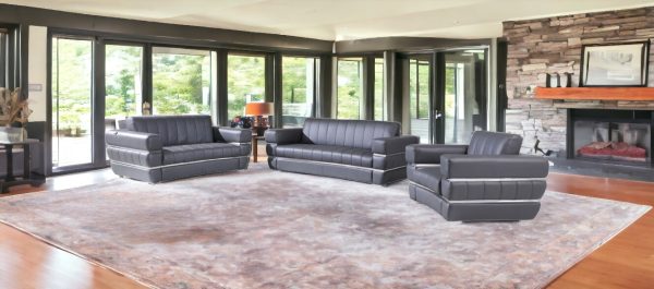 Three Piece Indoor Dark Gray Italian Leather Six Person Seating Set - Image 2