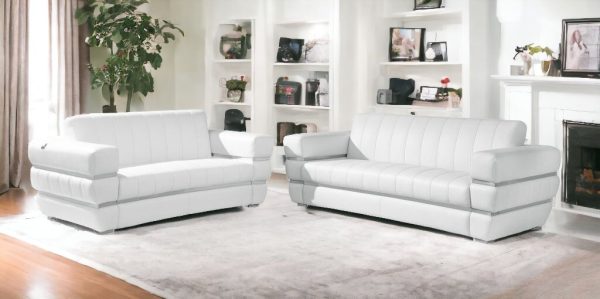 Two Piece Indoor White Italian Leather Five Person Seating Set - Image 2