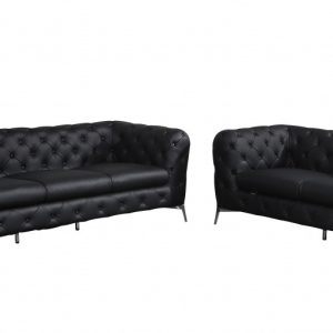 Two Piece Indoor Black Italian Leather Five Person Seating Set