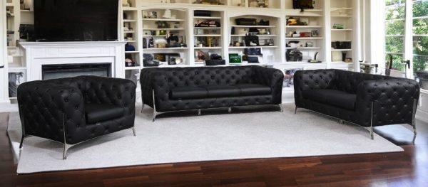 Three Piece Indoor Black Italian Leather Six Person Seating Set - Image 2