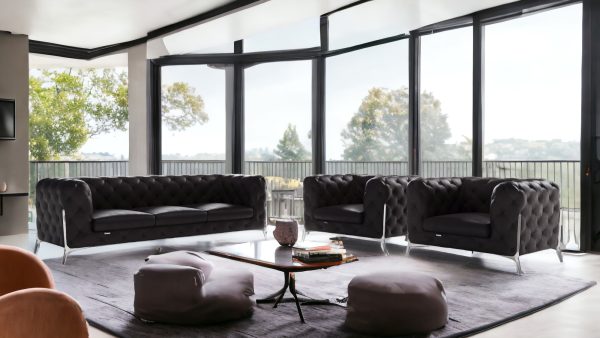 Three Piece Indoor Black Italian Leather Five Person Seating Set - Image 2