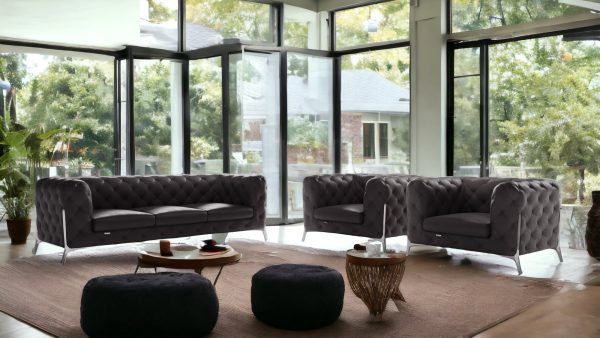 Three Piece Indoor Dark Gray Italian Leather Five Person Seating Set - Image 3