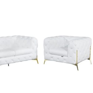 Three Piece Indoor White Italian Leather Five Person Seating Set