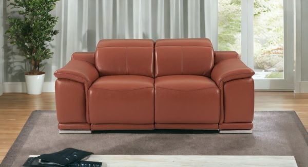 72" Camel And Silver Italian Leather Power Reclining Loveseat - Image 2
