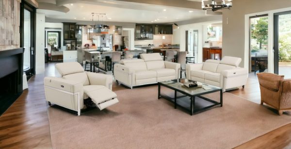 Three Piece Indoor Beige Italian Leather Six Person Seating Set - Image 2