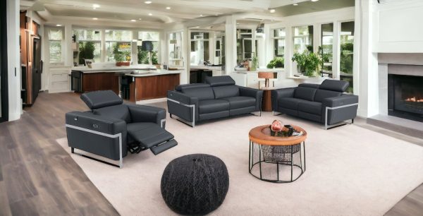 Three Piece Indoor Dark Gray Italian Leather Six Person Seating Set - Image 2