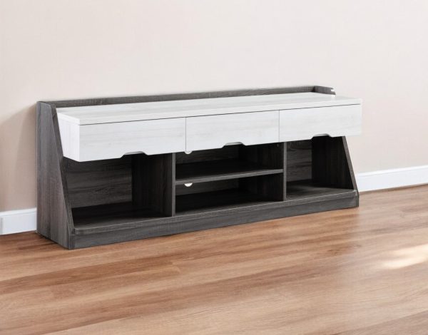 62" White Oak & Distressed Grey Particle Board Cabinetenclosed Storage TV Stand - Image 2