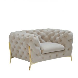 50" Beige Tufted Velvet And Gold Solid Color Lounge Chair