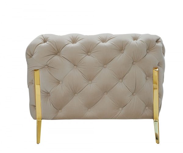 50" Beige Tufted Velvet And Gold Solid Color Lounge Chair - Image 3