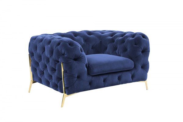 50" Blue Tufted Velvet And Gold Solid Color Lounge Chair - Image 2