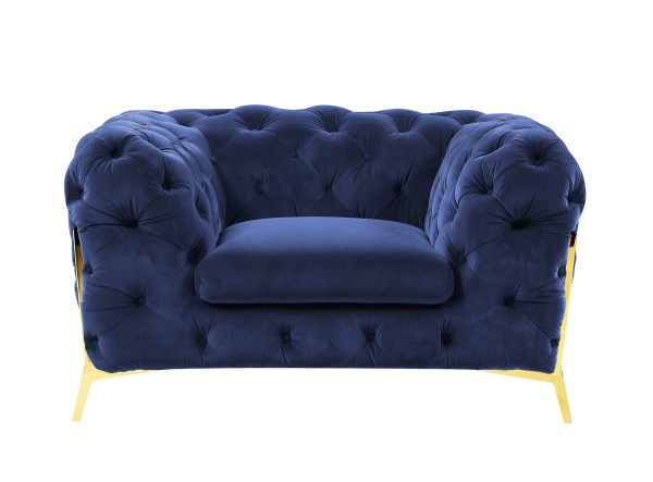 50" Blue Tufted Velvet And Gold Solid Color Lounge Chair - Image 3