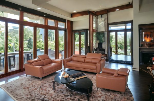 Three Piece Brick Red Genuine Leather Six Person Seating Set - Image 3
