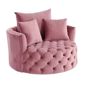 43" Pink Velvet Tufted Swivel Barrel Chair And Toss Pillows