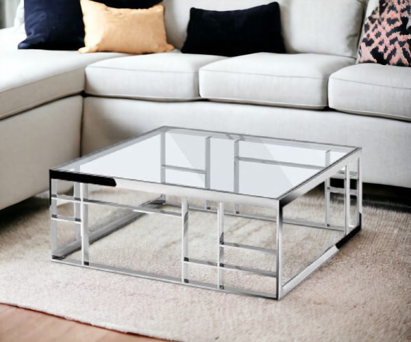 40" Silver And Clear Glass Square Coffee Table - Image 2