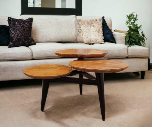 35" Black And Natural Brown Solid Wood Round Distressed Coffee Table - Image 2