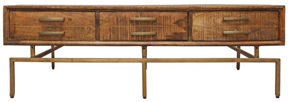 56" Brass And Brown Solid Wood Rectangular Distressed Storage Coffee Table - Image 4