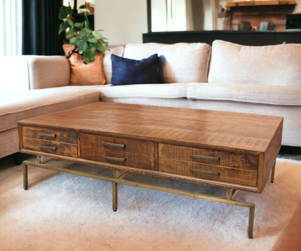 56" Brass And Brown Solid Wood Rectangular Distressed Storage Coffee Table - Image 2