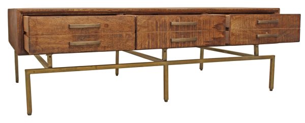 56" Brass And Brown Solid Wood Rectangular Distressed Storage Coffee Table - Image 3
