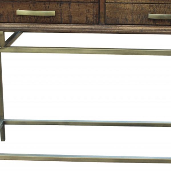 36" Brown and Brass Solid Wood Distressed Frame Console Table With Storage - Image 4