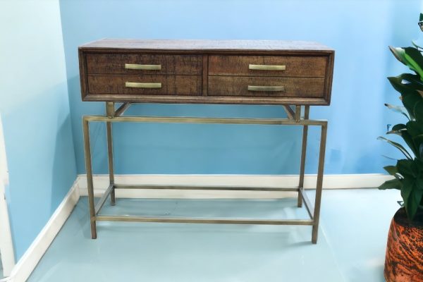 36" Brown and Brass Solid Wood Distressed Frame Console Table With Storage - Image 3