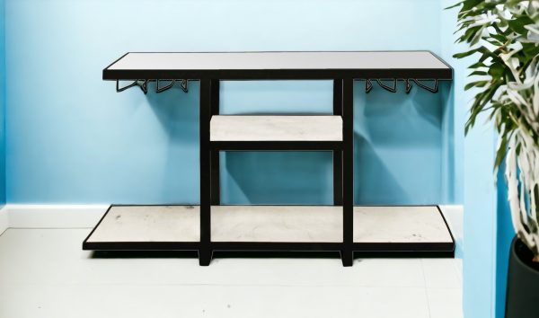 58" White and Black Glass Floor Shelf Console Table With Shelves - Image 4