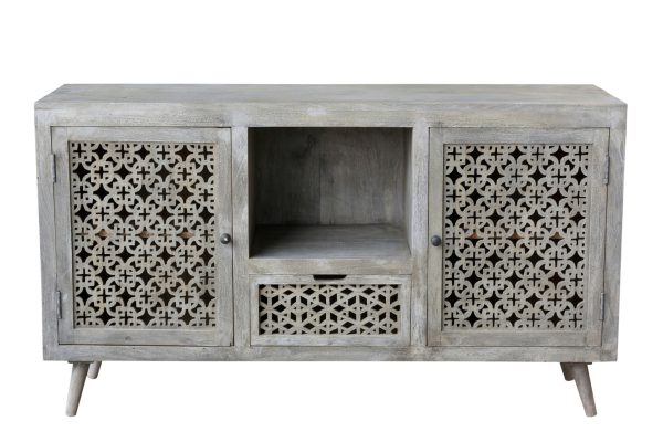55" Gray Solid Wood Cabinet Enclosed Storage Worn TV Stand - Image 2