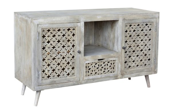 55" Gray Solid Wood Cabinet Enclosed Storage Worn TV Stand - Image 3