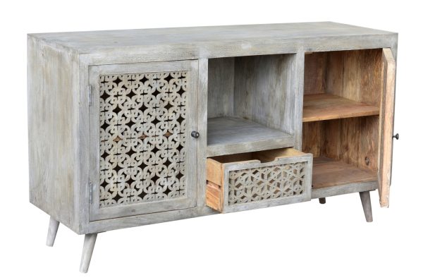 55" Gray Solid Wood Cabinet Enclosed Storage Worn TV Stand - Image 4