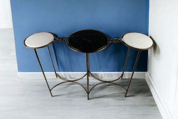 50" Black and White and Gold Genuine Marble Round Frame Console Table - Image 2