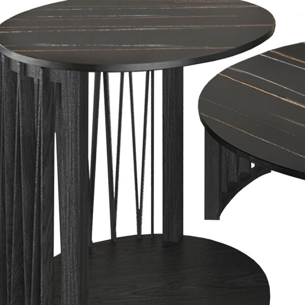 35" Black Marble And Solid Wood Round Nested Coffee Tables - Image 3